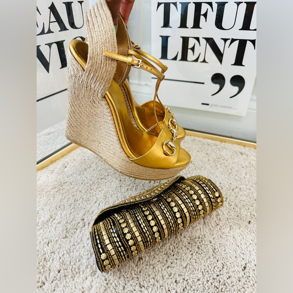 Authentic Gucci Genuine Gold Leather Wedge Platform Espadrilles w Horsebit 39.5 - Picture 4 of 9